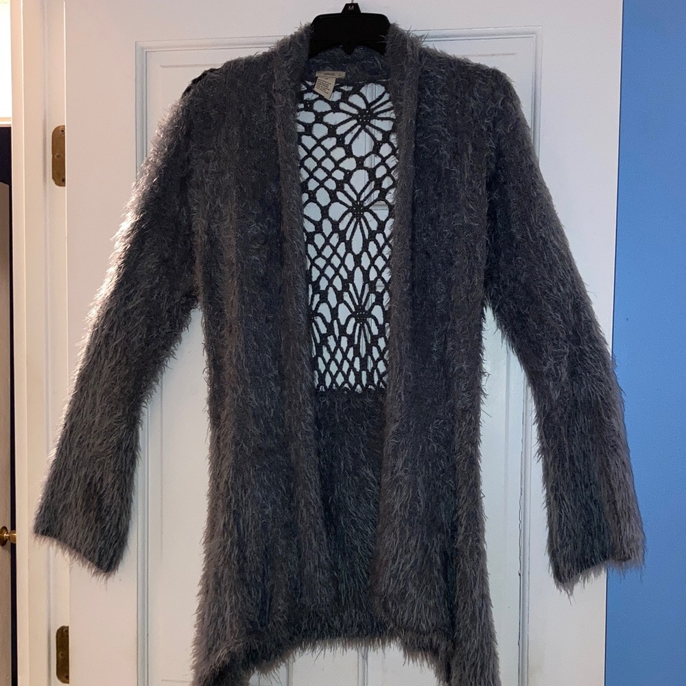 Gray Fuzzy Open-Front Sweater